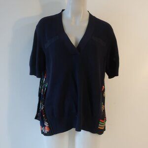 Women Pendleton Navy Knit Multicolor Pleated Mixed Media V-Neck Top Blouse M